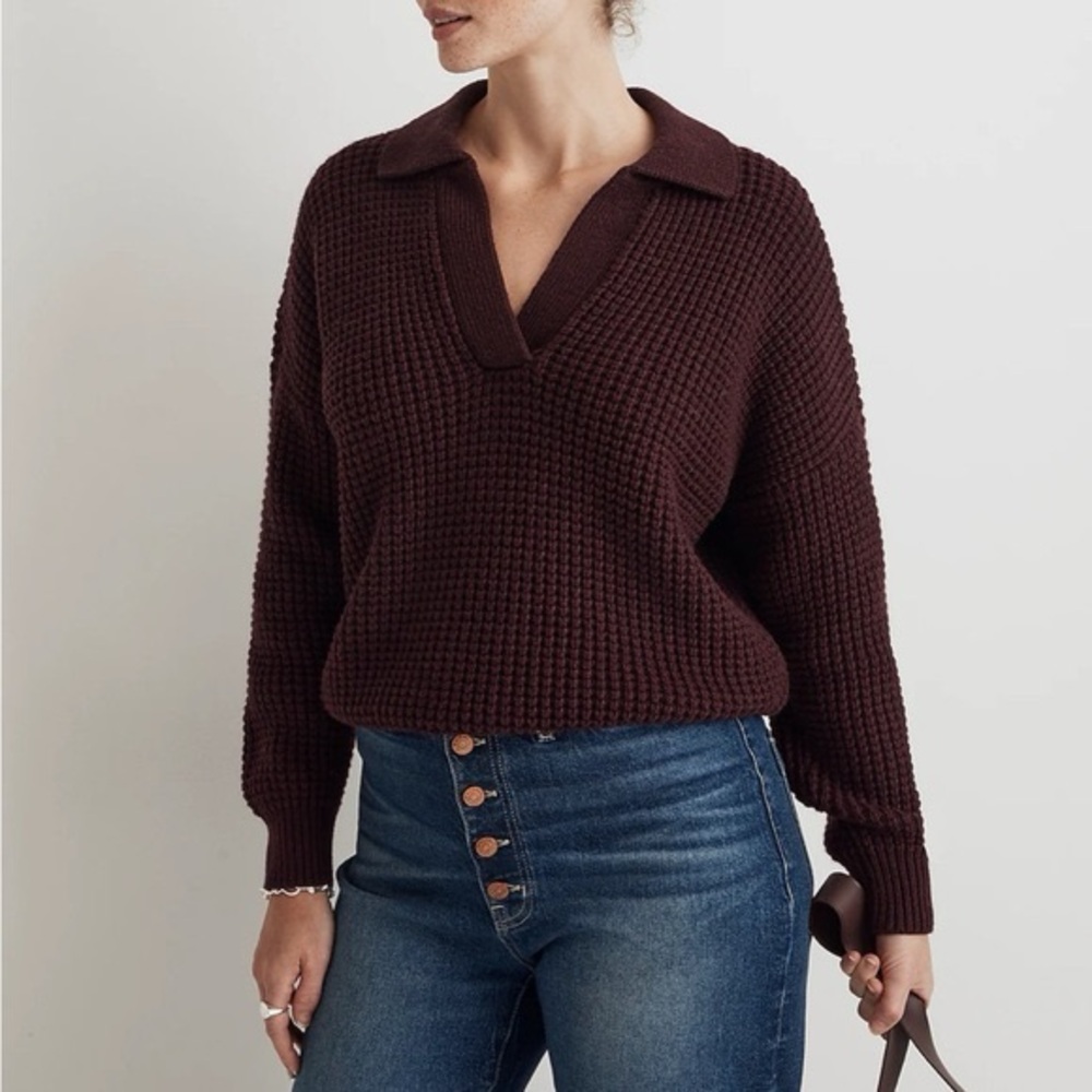 Madewell Waffle-Knit Henley Sweater in Heather Currant - S